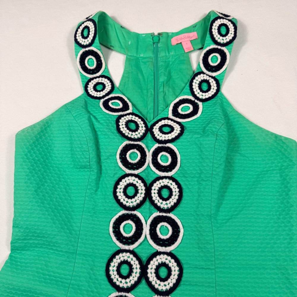 Lilly Pulitzer Trudy Shift Dress 4 Go Go Green Cotton Crochet Circle Trim - Picture 3 of 12